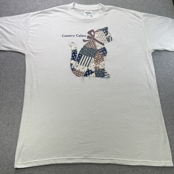 Vintage 1990 Country Calico Cat T-Shirt XL Single Stitch Air Waves Made USA - Picture 2 of 9